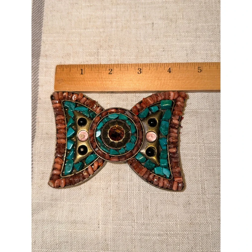 Vintage Style Faux Turquoise Coral Mosaic Bow Belt Buckle Western Boho Brass